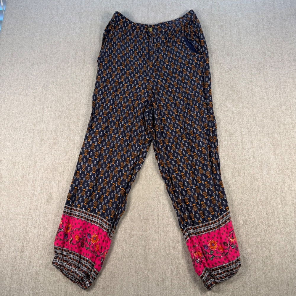 Anthropologie Jogger Pants Womens 4 Navy Blue‎ Pink Boho Floral Medallion Print